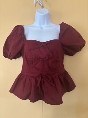 NWT Francesca's Collections Burgundy Puff Sleeve Peplum Blouse